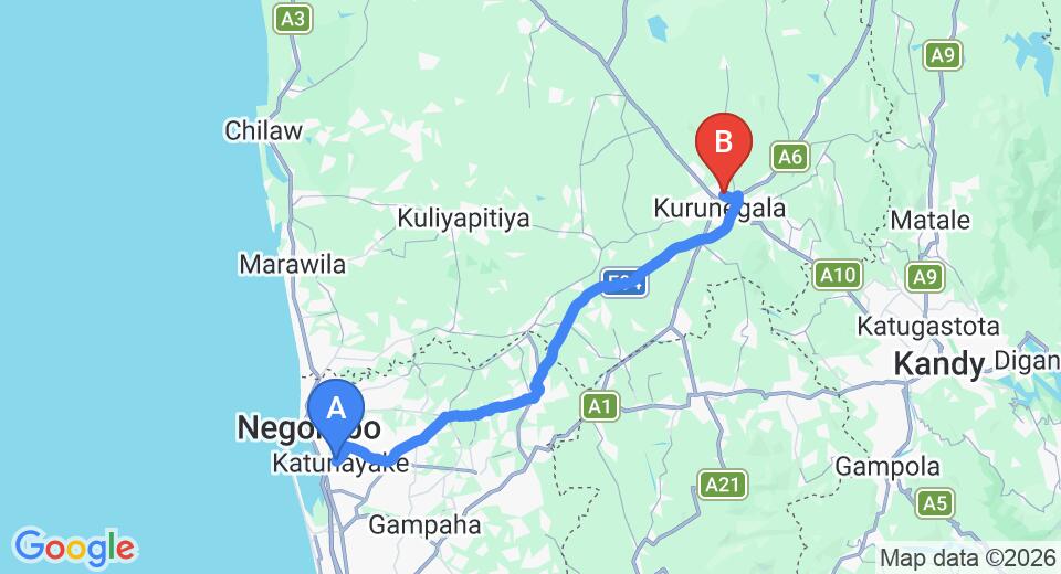 Driving route map: Colombo Airport (CMB) to Seasons Hotel, Kurunegala (78 km, approx 1 h 39 min private transfer)