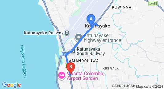 Driving route map: Colombo Airport (CMB) to Nathaliya Tourist Hotel, Katunayake (4 km, approx 11 min private transfer)