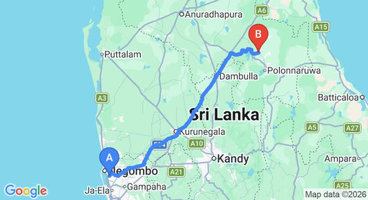 Driving route map: Colombo Airport (CMB) to Hingurakgoda (181 km, approx 3 h 50 min private transfer)