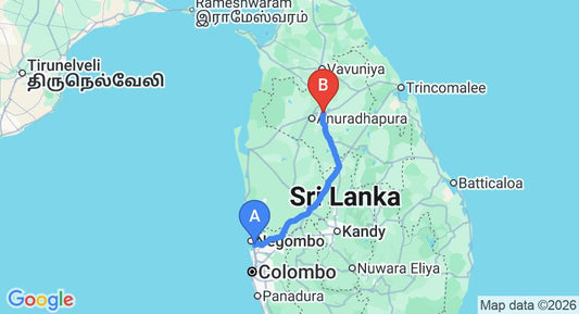 Driving route map: Colombo Airport (CMB) to Mihintale (187 km, approx 3 h 52 min private transfer)