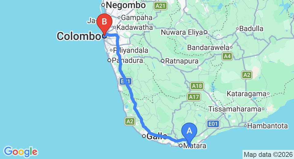 Driving route map: Talalla to Colombo (172 km, approx 2 h 40 min private transfer)
