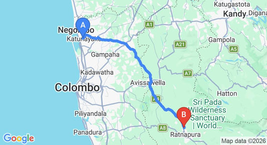 Driving route map: Colombo Airport (CMB) to Hotel Sapthapadhi, Ratnapura (90 km, approx 2 h 34 min private transfer)