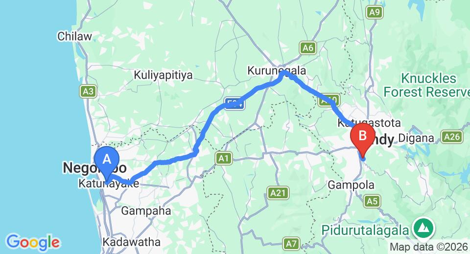 Driving route map: Colombo Airport (CMB) to Hindagala Heights, Kandy (117 km, approx 2 h 57 min private transfer)