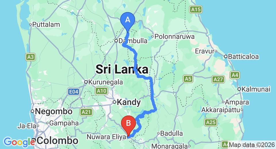 Driving route map: Sigiriya to Nuwara Eliya (191 km, approx 4 h 45 min private transfer)