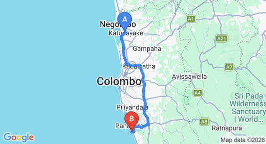Driving route map: Colombo Airport (CMB) to Blue Beach Hotel, Wadduwa (77 km, approx 1 h 26 min private transfer)