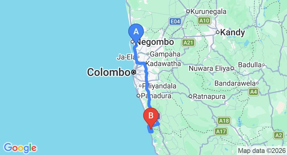 Driving route map: Colombo Airport (CMB) to Sobaco Nature Resort, Bentota (118 km, approx 2 h 1 min private transfer)