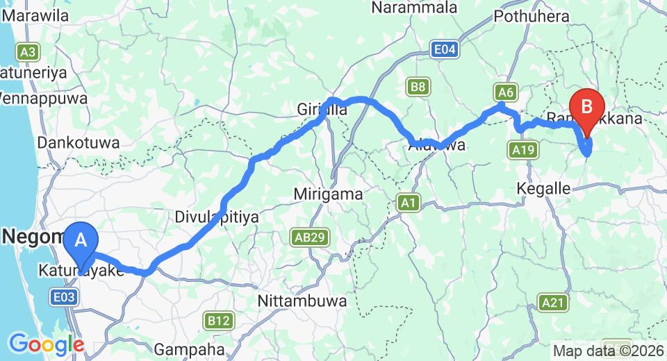 Driving route map: Colombo Airport (CMB) to Hotel Elephant Park, Pinnawala (78 km, approx 2 h 7 min private transfer)