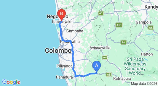 Driving route map: Ingiriya to Colombo Airport (CMB) (83 km, approx 1 h 30 min private transfer)