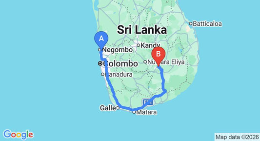Driving route map: Colombo Airport (CMB) to Kithal Ella (339 km, approx 5 h 7 min private transfer)