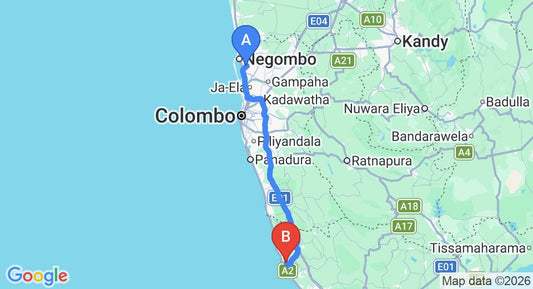 Driving route map: Colombo Airport (CMB) to Garden Villa Ronnaduwa, Hikkaduwa (131 km, approx 2 h 1 min private transfer)