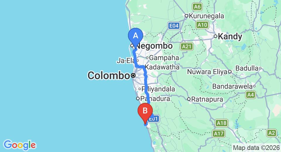 Driving route map: Colombo Airport (CMB) to Hotel Sumadai, Beruwala (101 km, approx 1 h 45 min private transfer)