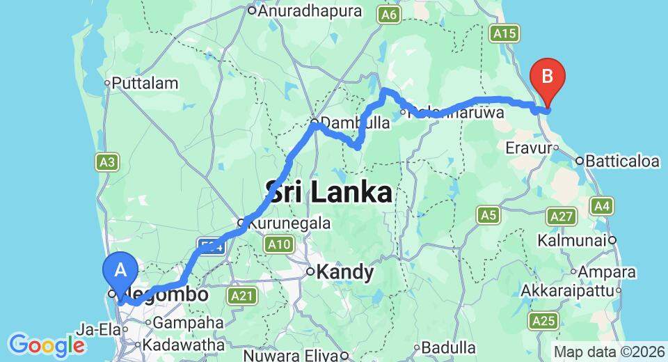 Driving route map: Colombo Airport (CMB) to Passi Villa, Pasikuda (267 km, approx 5 h 29 min private transfer)
