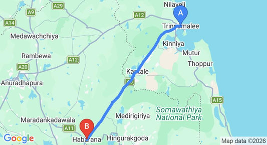 Driving route map: Trincomalee to Habarana (84 km, approx 1 h 32 min private transfer)