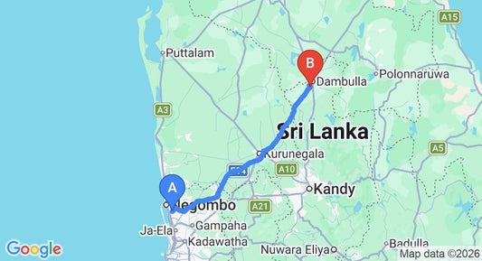 Driving route map: Colombo Airport (CMB) to Tropical Life Resort and Spa, Dambulla (128 km, approx 2 h 50 min private transfer)