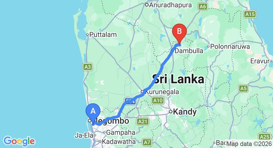 Driving route map: Colombo Airport (CMB) to Jetwing Vil Uyana, Sigiriya (142 km, approx 3 h 5 min private transfer)