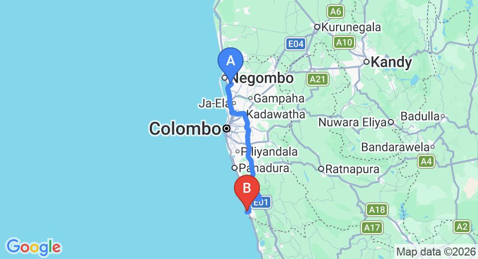 Driving route map: Colombo Airport (CMB) to Wornells Reef Hotel, Beruwala (101 km, approx 1 h 45 min private transfer)