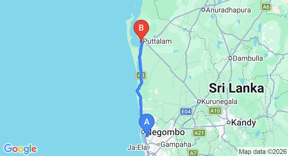 Driving route map: Colombo Airport (CMB) to Dammika Holiday Resort, Puttalam (104 km, approx 2 h 35 min private transfer)