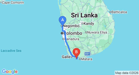 Driving route map: Colombo Airport (CMB) to Cape, Weligama (175 km, approx 2 h 31 min private transfer)