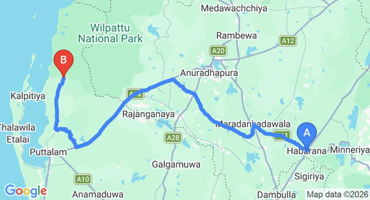 Driving route map: Habarana to Wilpattu (157 km, approx 3 h 11 min private transfer)