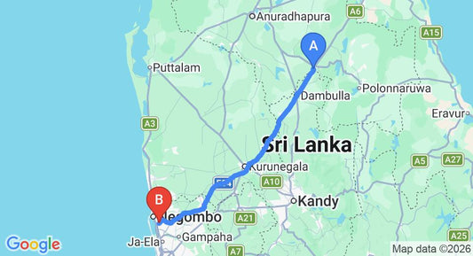 Driving route map: Hiriwadunna to Colombo Airport (CMB) (150 km, approx 3 h 16 min private transfer)