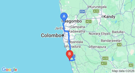 Driving route map: Colombo Airport (CMB) to Hotel Sun and Moon, Aluthgama (107 km, approx 1 h 40 min private transfer)