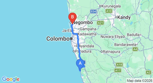 Driving route map: Induruwa to Colombo Airport (CMB) (112 km, approx 1 h 46 min private transfer)