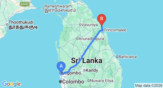Driving route map: Colombo Airport (CMB) to Shahira Hotel Nilaveli, Trincomalee (249 km, approx 5 h 7 min private transfer)