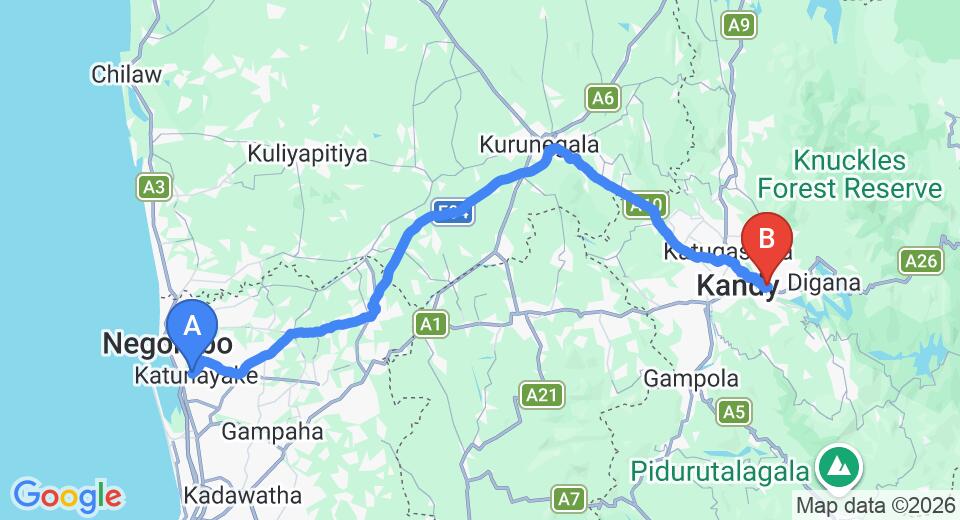 Driving route map: Colombo Airport (CMB) to Heavens Holiday Resort, Kandy (118 km, approx 2 h 58 min private transfer)