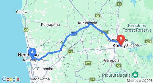 Driving route map: Colombo Airport (CMB) to Funk Bunks, Kandy (116 km, approx 2 h 58 min private transfer)