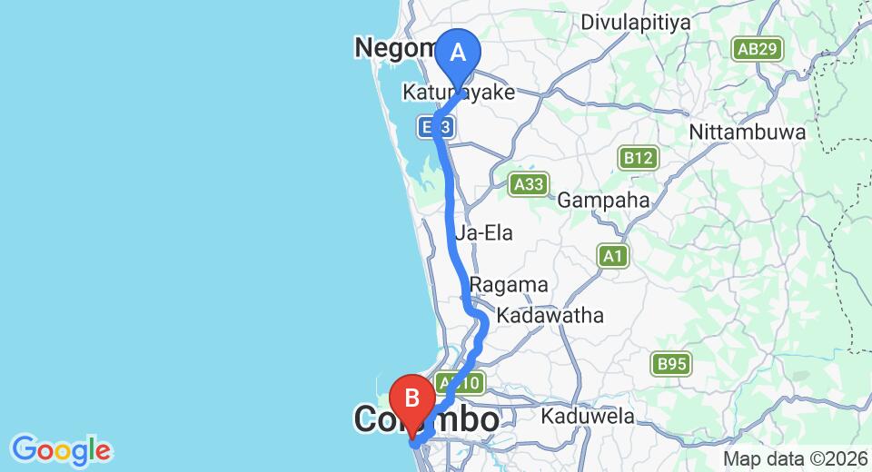 Driving route map: Colombo Airport (CMB) to Sheraton Colombo Hotel, Colombo (36 km, approx 50 min private transfer)