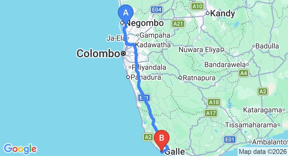 Driving route map: Colombo Airport (CMB) to Seagreen Guesthouse, Galle (153 km, approx 2 h 13 min private transfer)
