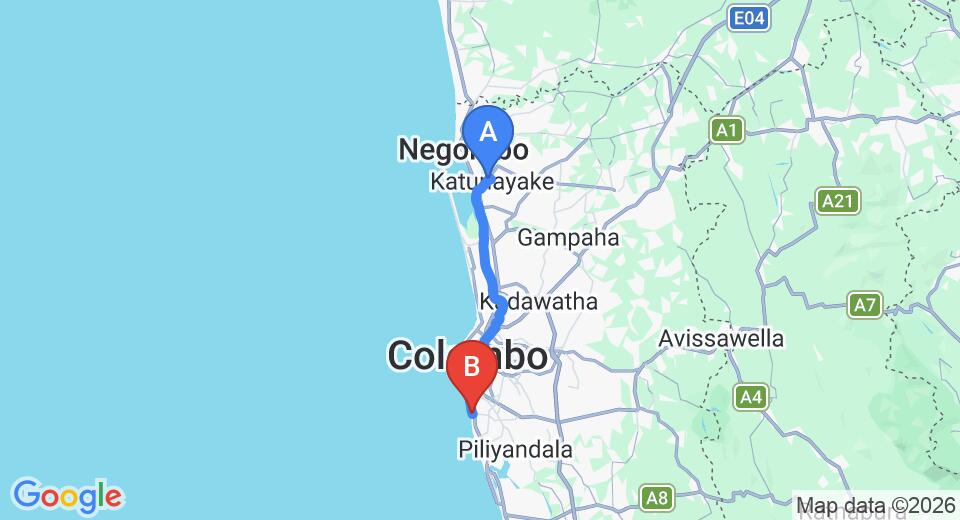Driving route map: Colombo Airport (CMB) to The Penthouse Above Sea, Dehiwala (42 km, approx 1 h 2 min private transfer)