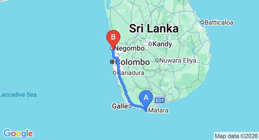 Driving route map: Matara to Colombo Airport (CMB) (179 km, approx 2 h 22 min private transfer)