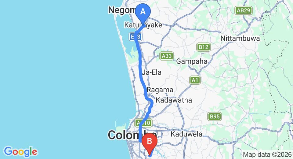 Driving route map: Colombo Airport (CMB) to Dream Home Stay, Nugegoda (39 km, approx 55 min private transfer)