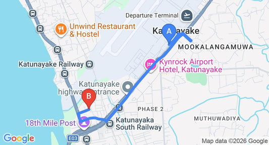 Driving route map: Colombo Airport (CMB) to Airport A4 Transit Residence, Katunayake (3 km, approx 10 min private transfer)