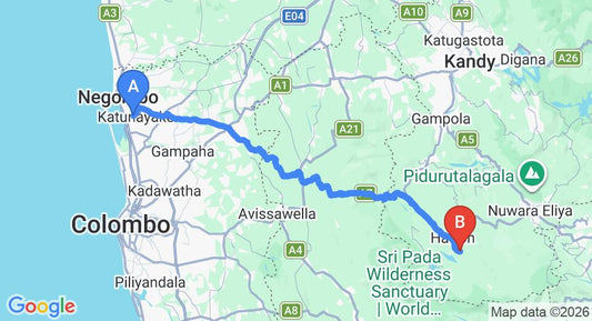 Driving route map: Colombo Airport (CMB) to Mandira Dickoya Holiday Bungalow, Hatton (120 km, approx 3 h 47 min private transfer)