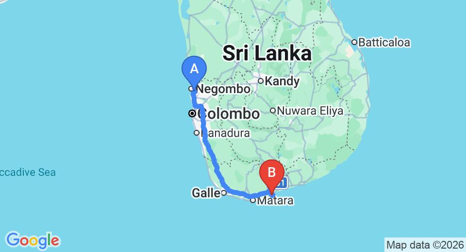 Driving route map: Colombo Airport (CMB) to Hotel Eva Lanka, Tangalle (213 km, approx 2 h 53 min private transfer)