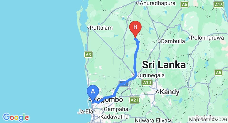 Driving route map: Colombo Airport (CMB) to Ulpotha Yoga and Ayurveda Retreat, Embogama (128 km, approx 2 h 44 min private transfer)