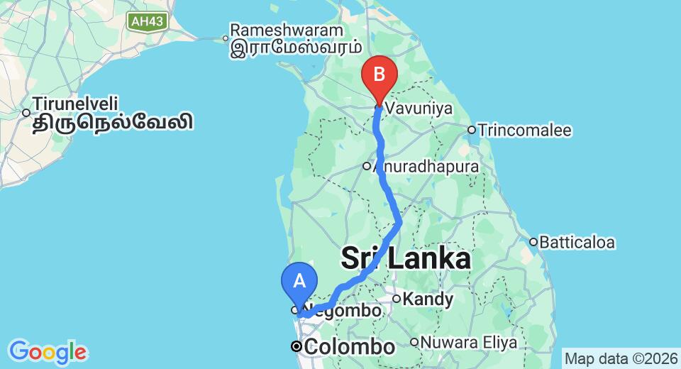 Driving route map: Colombo Airport (CMB) to Hotel Oviya, Vavuniya (234 km, approx 4 h 46 min private transfer)