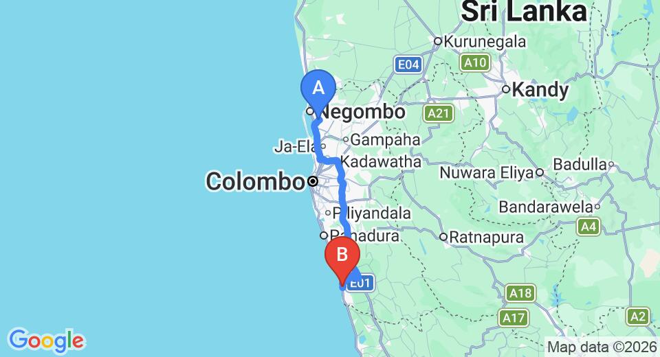 Driving route map: Colombo Airport (CMB) to Hiru Villas, Beruwala (96 km, approx 1 h 36 min private transfer)
