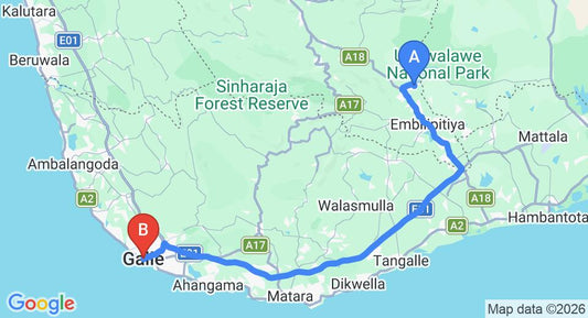 Driving route map: Udawalawe to Galle (123 km, approx 2 h 2 min private transfer)