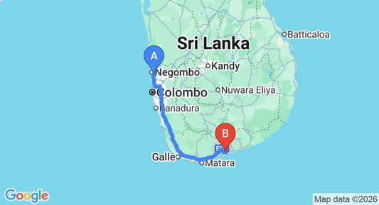 Driving route map: Colombo Airport (CMB) to Ranna (221 km, approx 2 h 54 min private transfer)