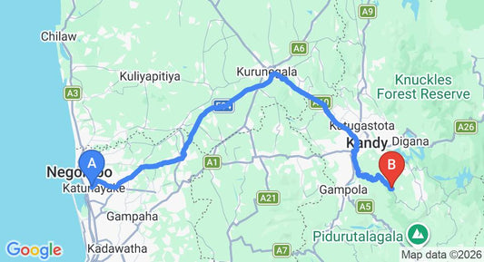 Driving route map: Colombo Airport (CMB) to Taylors Hill Boutique Hotel, Kandy (140 km, approx 3 h 52 min private transfer)