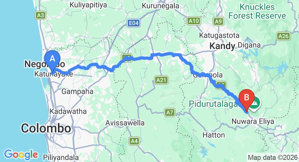 Driving route map: Colombo Airport (CMB) to Taprospa Tymawr Villa, Nuwara Eliya (152 km, approx 4 h 40 min private transfer)