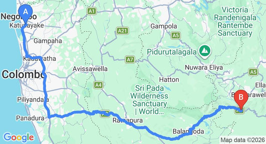 Driving route map: Colombo Airport (CMB) to The Romance Valley, Haputale (209 km, approx 5 h 0 min private transfer)