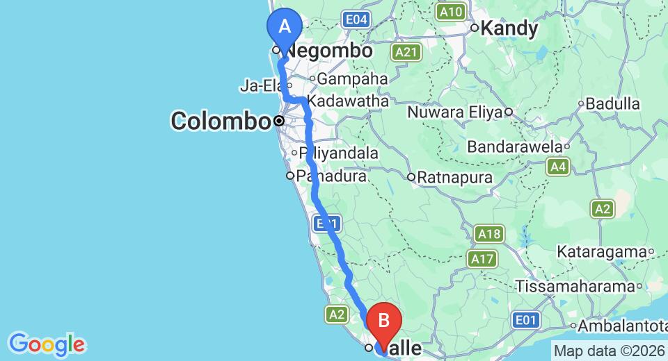 Driving route map: Colombo Airport (CMB) to Villa Araliya Galle, Galle (154 km, approx 2 h 12 min private transfer)