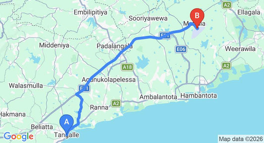 Driving route map: Tangalle to Mattala (HRI) Airport (56 km, approx 55 min private transfer)