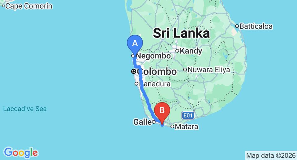 Driving route map: Colombo Airport (CMB) to Riverside Bentota, Ahangama (165 km, approx 2 h 21 min private transfer)