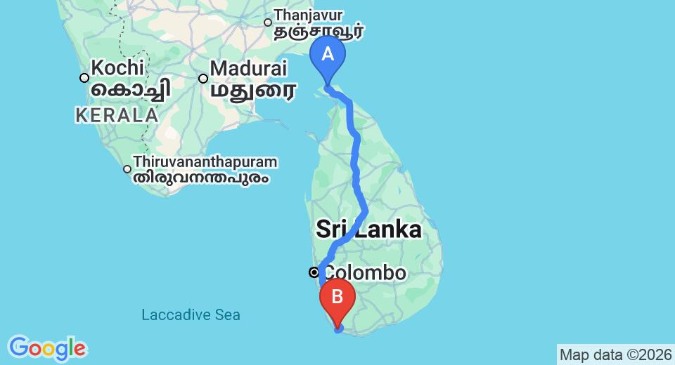 Driving route map: Jaffna (JAF) Airport to Galle (511 km, approx 9 h 23 min private transfer)