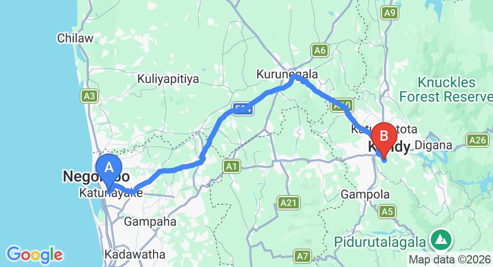 Driving route map: Colombo Airport (CMB) to Hantane Shadow Resort, Kandy (116 km, approx 2 h 59 min private transfer)